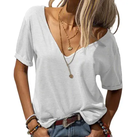 Imily Bela Women Fashion Deep V-Neck Short Sleeve Tops Solid Casual Loose Basic T Shir