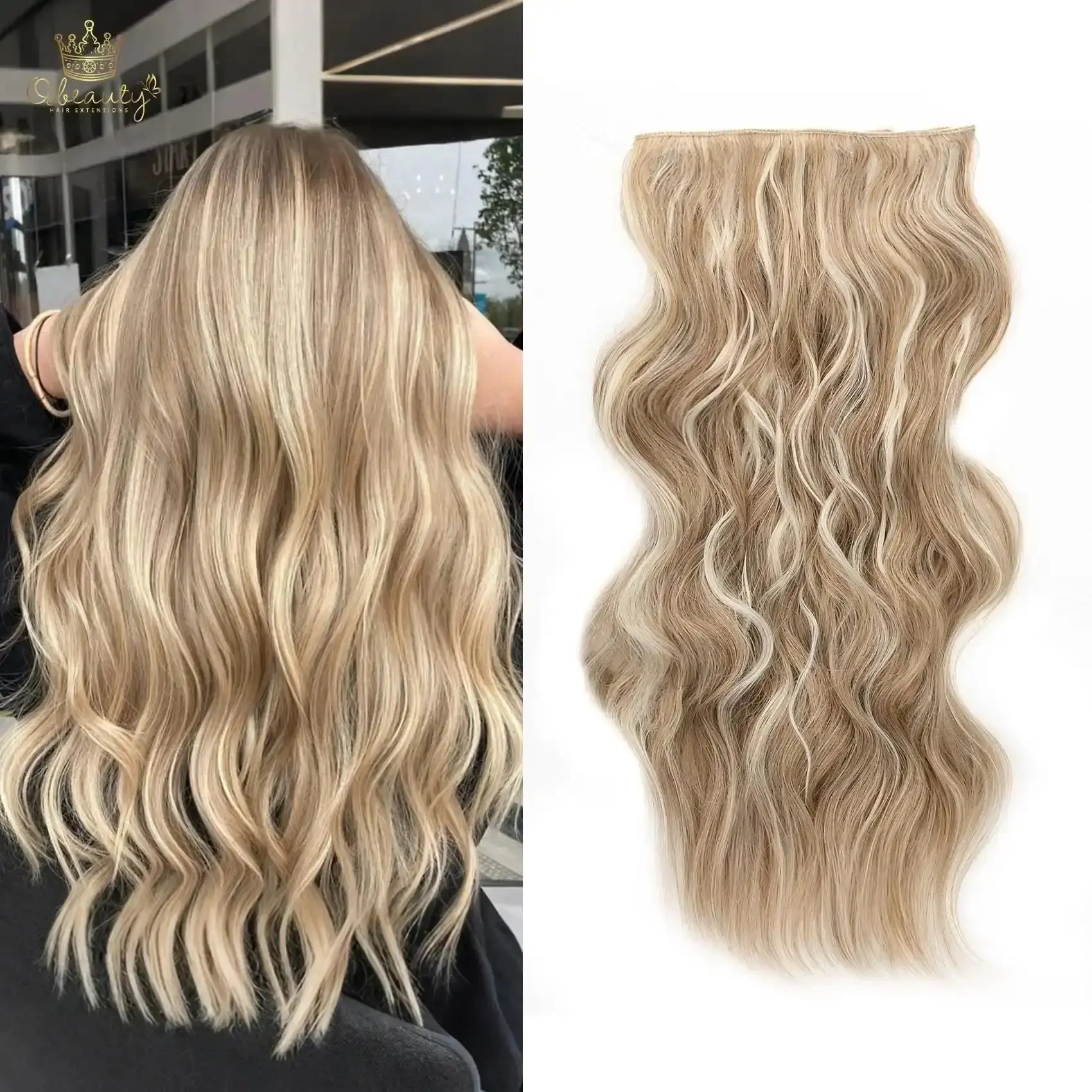 [ Qbeauty ] Vanilla Latte BlondeClip- in Synthetic Hair Extensions Long Wavy 4PCS Thick Hairpieces Double Weft Natural Hair Extensions for Women