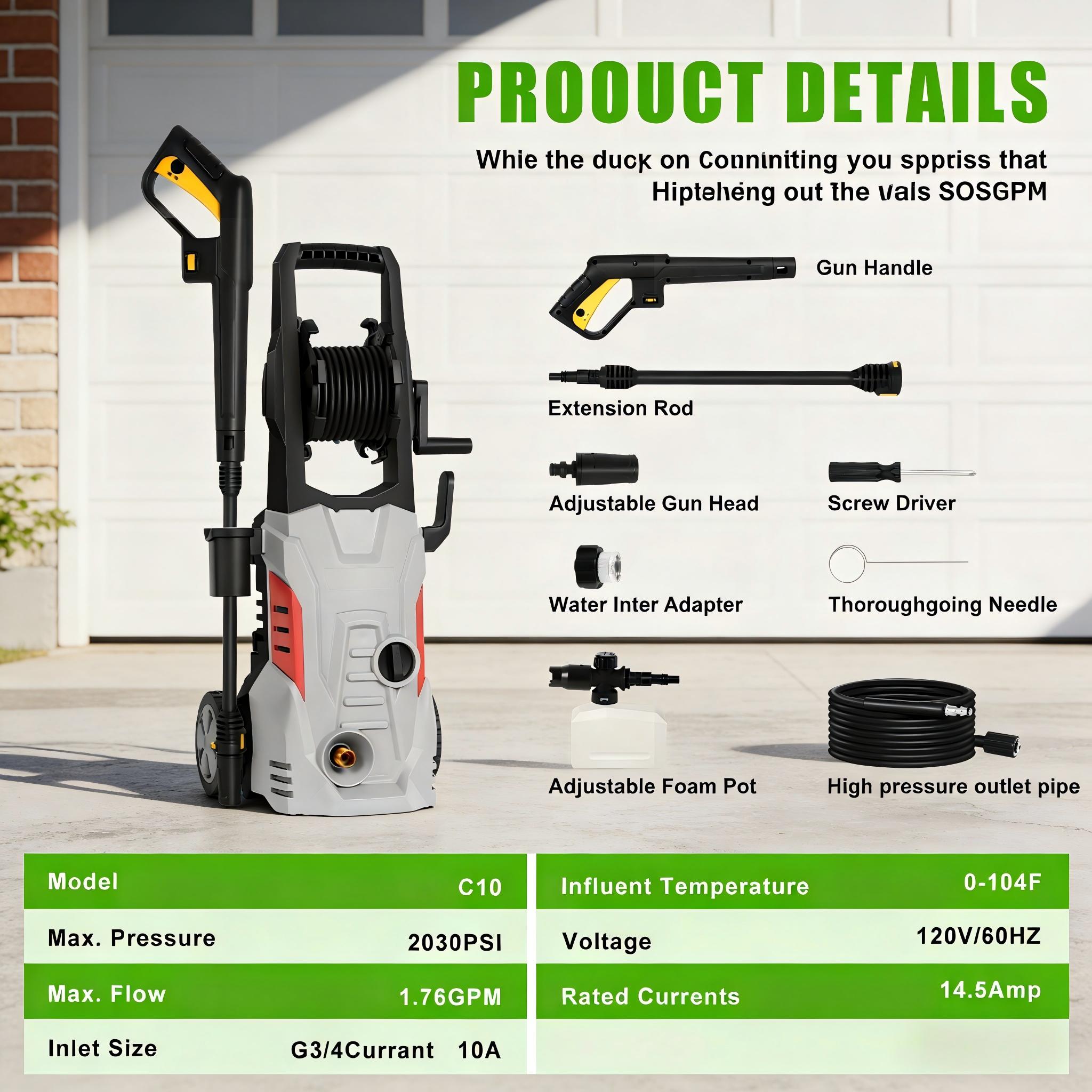 Electric high-pressure washer with adjustable spray nozzles and a hose reel, suitable for cleaning cars, yards, and fences; portable model compliant with U.S. standards.