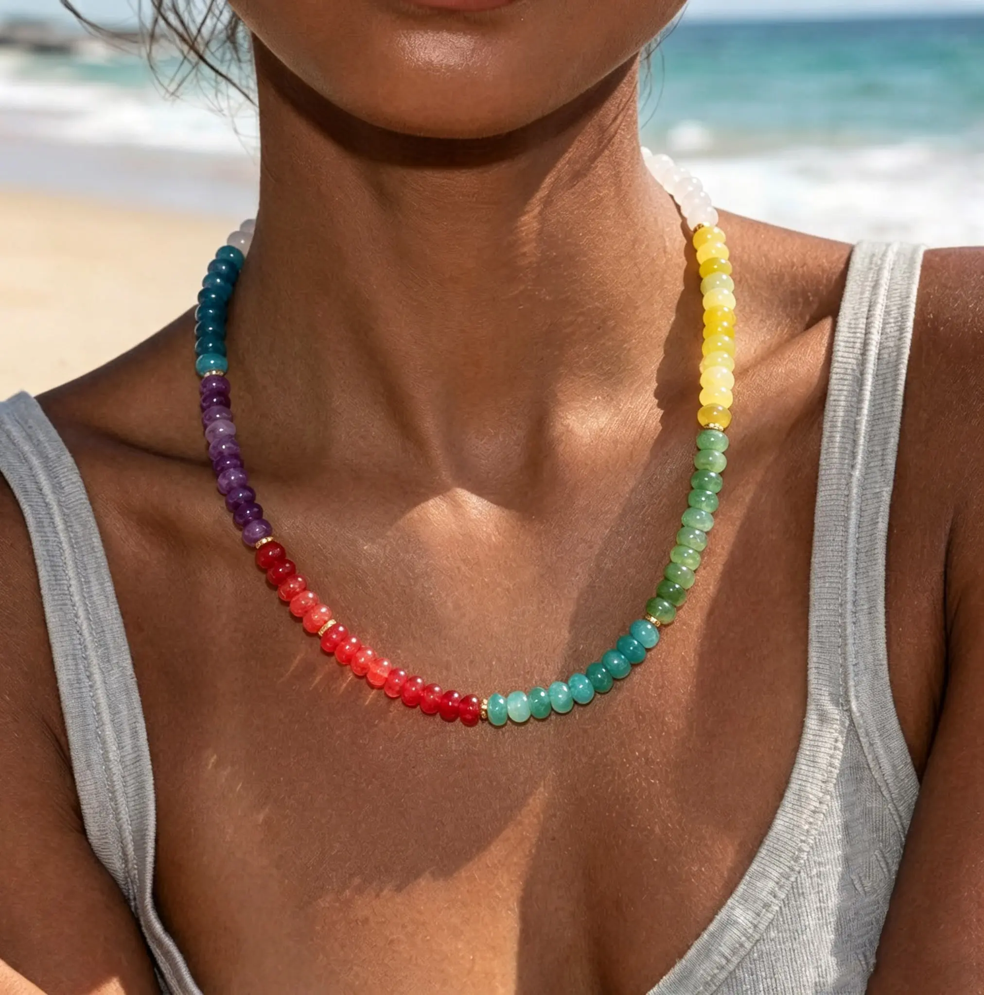 Beaded Gemstone Necklace for Women, Colorful Boho Bead Choker Natural Stone Surfer Beach Necklaces 14K Gold Plated Summer Handmade Jewelry