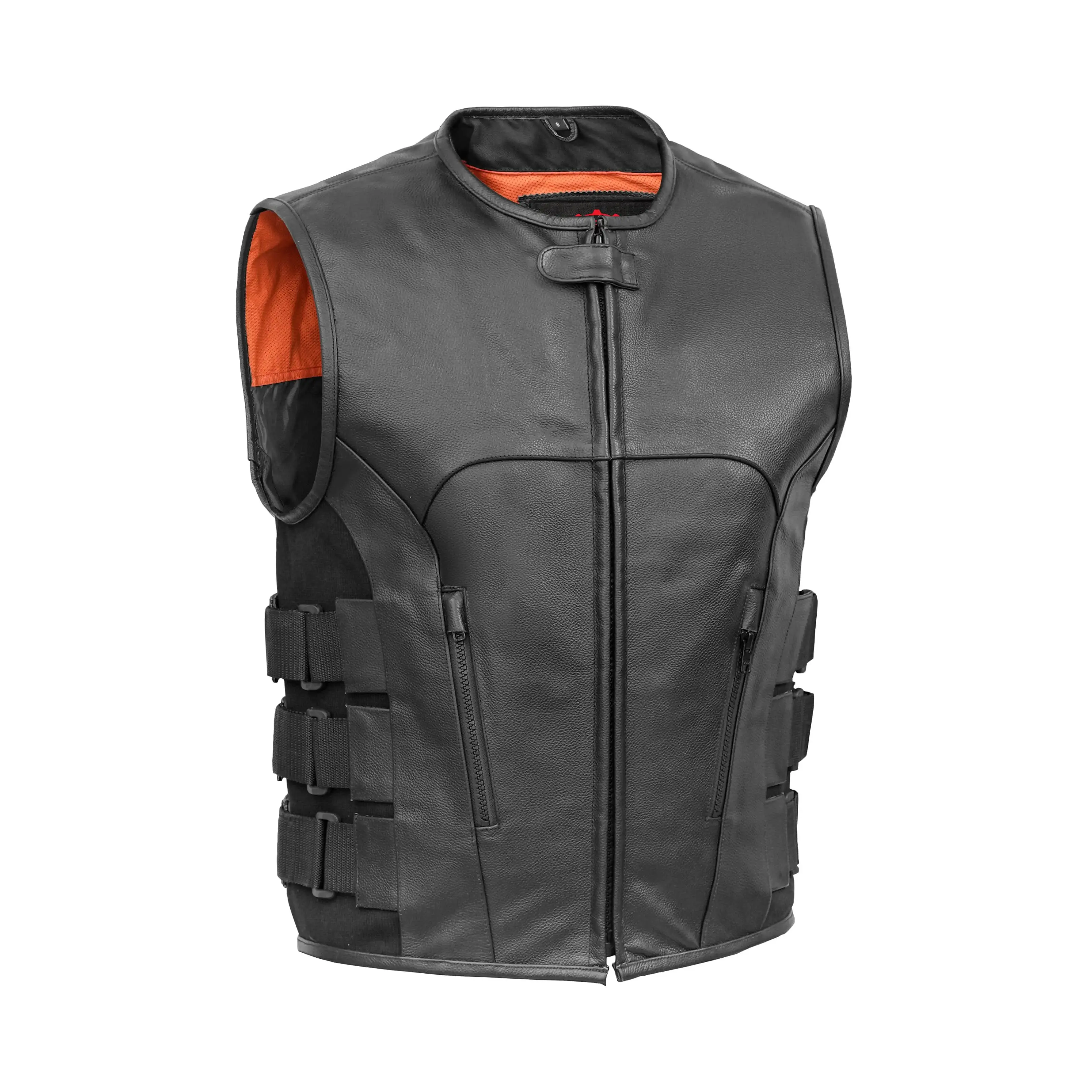 RENEGADE CLASSICS Men's SWAT-Style Leather Biker Vest, Zip Front with Concealed Carry Pockets, Adjustable Fit & Customizable Back Panel, Year-Round Wear