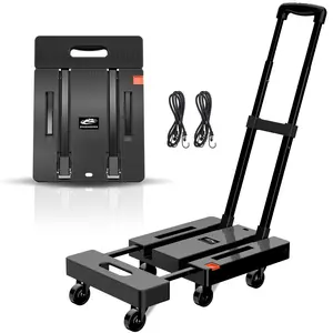 Folding Hand Truck, 500 LB Heavy Duty Luggage Cart, Utility Dolly Platform Cart with 6 Wheels & 2 Elastic Ropes for Luggage, Travel, Moving, Shopping, Office Use, Black