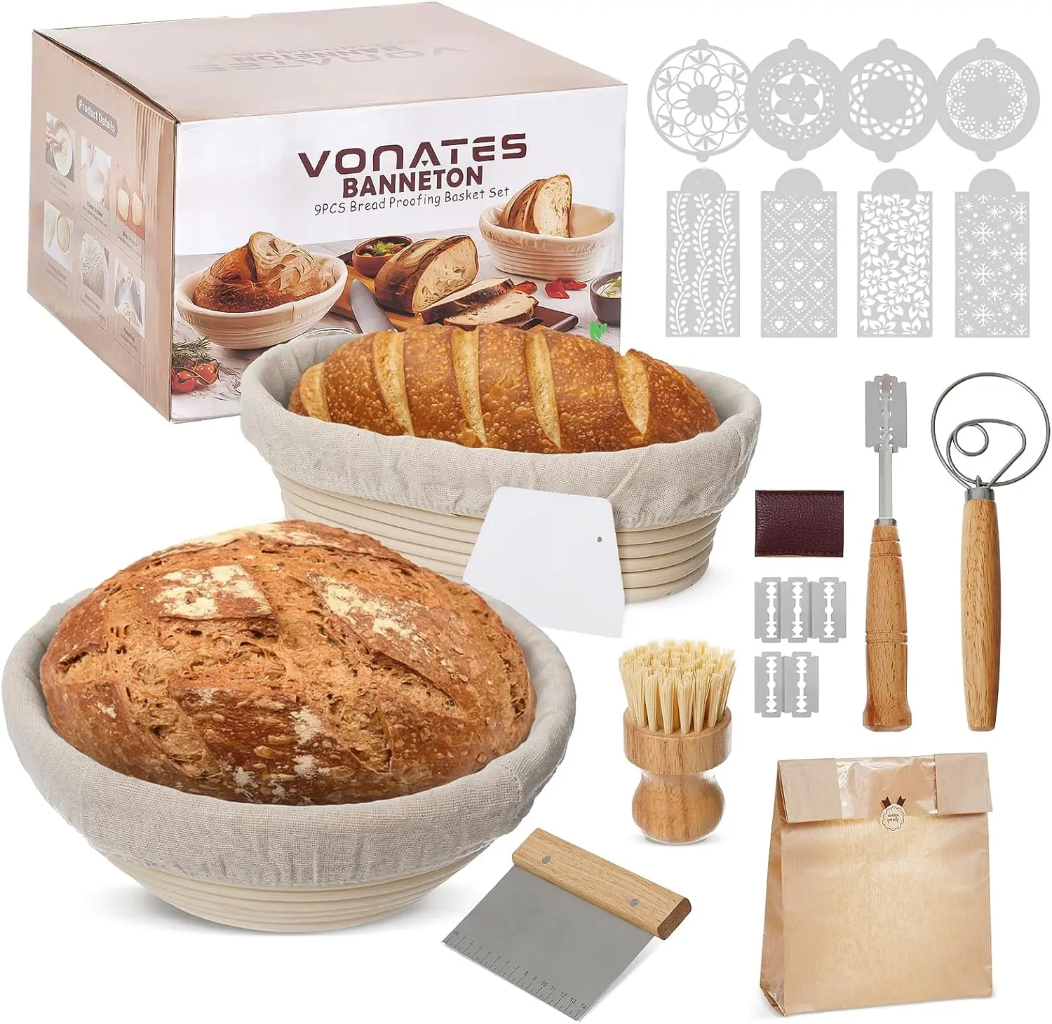 VONATES 12PCS Sourdough Starter Kit with Banneton Bread Proofing Basket 24oz Glass Jar & Baking Tools for Sourdough Bread Making