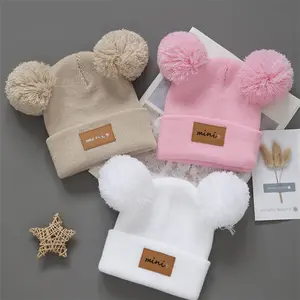 3pcs Breathable Stretchy Infant Knit Beanie with Heart Pompoms| Hand Washable, Mixed Colors, New Year's Occasion, Daily Casual Wear