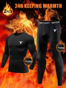 2-Pack Men’s Thermal Base Layer Set – Compression Garment, Fleece-Lined Compression Top & Pants with “Bull Head” Print, Warm Stretch Gear for Cold-Weather Running, Skiing, Hiking & Winter Outdoor Training