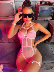 Ring Linked Mesh Teddy Bodysuit With 1pair Leg Ring, Lingerie