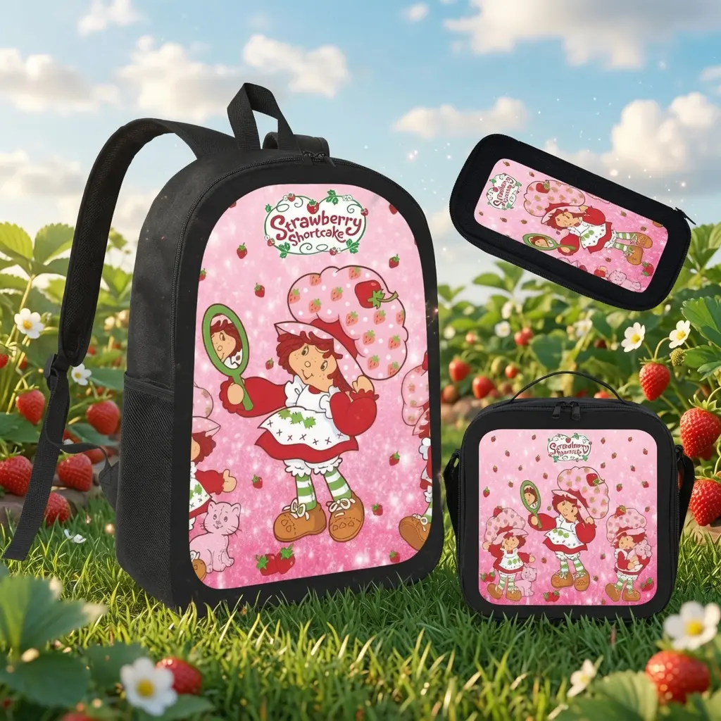 Strawberry Shortcake 3Pcs Backpack Set, 17 Inch Girls Kids Bookbag with Lunch Box & Pencil Case, Pink Glitter Strawberry Cartoon Print Oxford Rucksack, Cute Sweet School Bag Gift For Little Girls Cartoon Fans Daily Travel