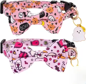 Faygarsle 2 Pack Breakaway Cute Halloween Cat Collar Collection Ghosts Pattern with Bell for Kittens Female Male Cats Seasonal Holiday Bowtie Fall Cat Collar Pink Purple