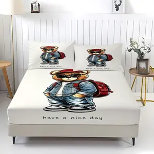 Stylish bear pattern printed bedspread, including 1 bed sheet and 2 pillowcases, with anti-slip dust cover suitable for bedrooms and guest rooms, perfect for personal use or gifting