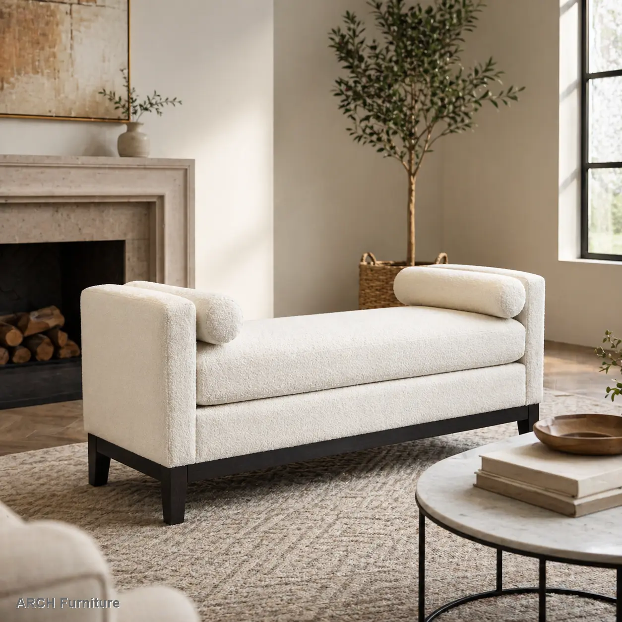 Ivory Boucle Upholstery Benches - 66.34" W Full-Sized Handmade Large Cushioned Long Bench, Foam Padded, Wood Legs, 2 Bolster Pillows, Storage, Stool/Ottoman, End of Bed/Living Room, Adult-Supporting Indoor Furniture, All Tools Included