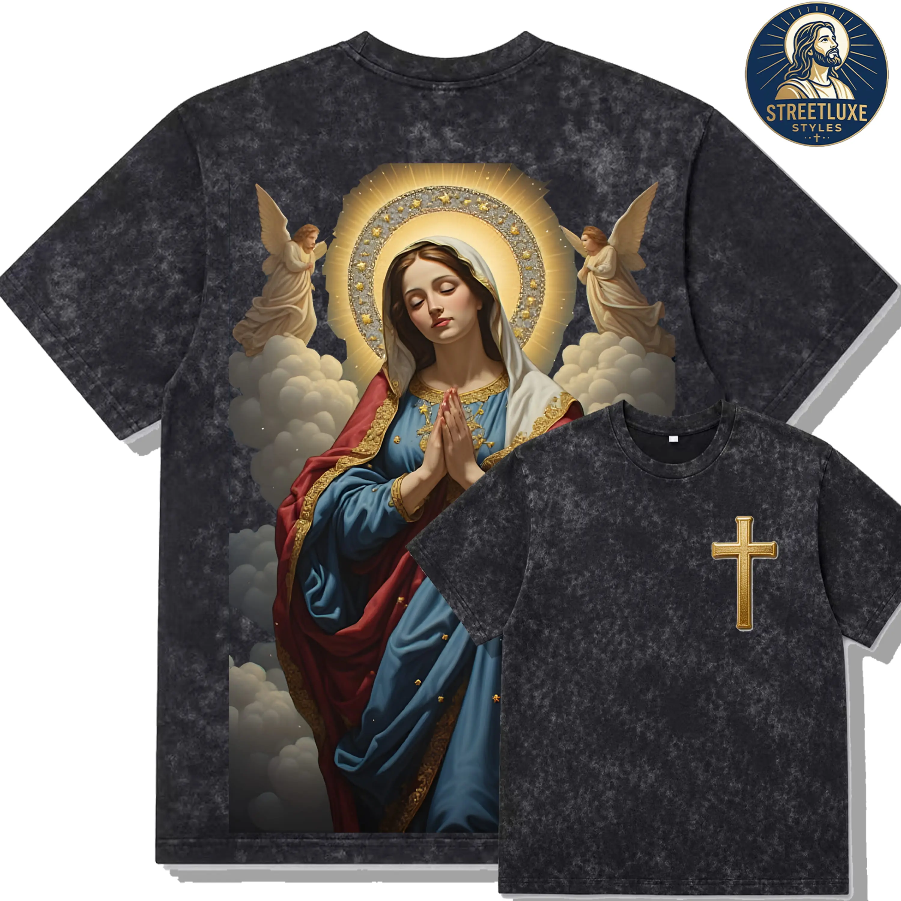 Men's Oversized Vintage Mineral Wash Graphic Tee - Heavyweight Boxy Shortsleeve Sportswear Top with Distressed Retro Gothic Virgin Mary Angels Print, Religious Golden Cross, Aesthetic Drape Dark Luxury Apparel, Tshirt sohochic