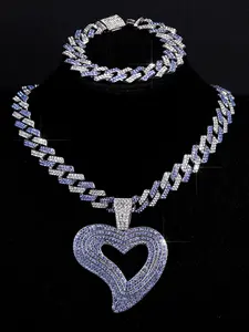 2pcs Women's Jewelry Heart Shine Set, Western Jewelry, Hollowed-Out /blue Heart-Shaped Pendants, Iced Out Bling Cuban Chain Necklace Bracelet, Daily Wear