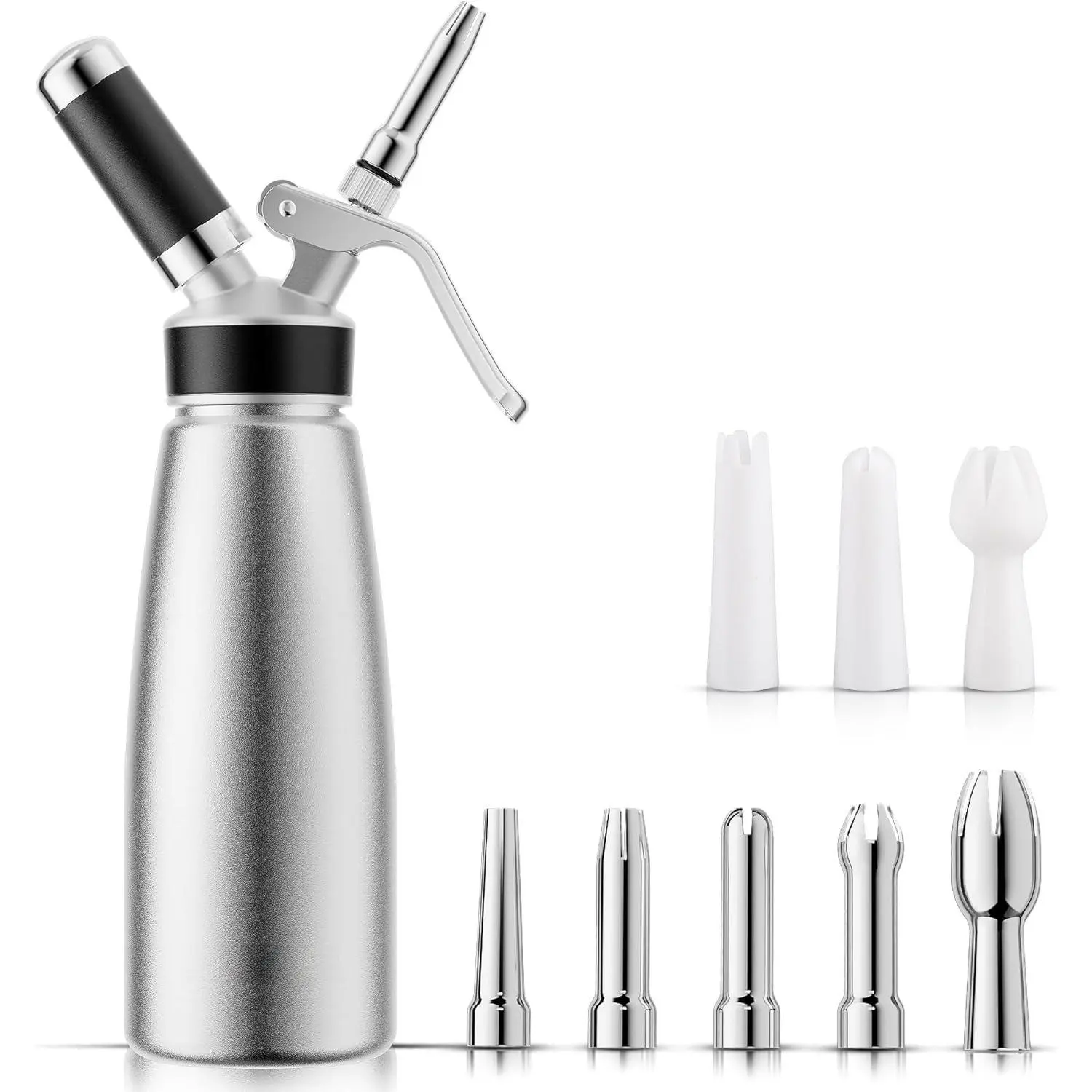 Professional  Whipped Cream Dispenser - 500 mL/1 Pint,Leak-Free Whipped Cream Maker Canister with 8 Decorating Nozzles & Cleaning Brush - N2O Chargers (Not Included) (, 500ml)