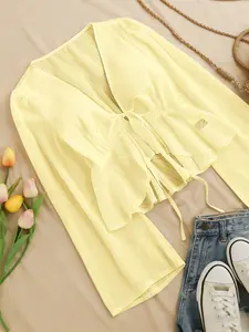A women's casual fashion solid yellow color loose-fitting slimming versatile stylish Long sleeve Vneck Blouse top, a basic piece for layering or wearing as an inner or outer garment, suitable for all seasons and ideal for home, indoor, and outdoor outfits