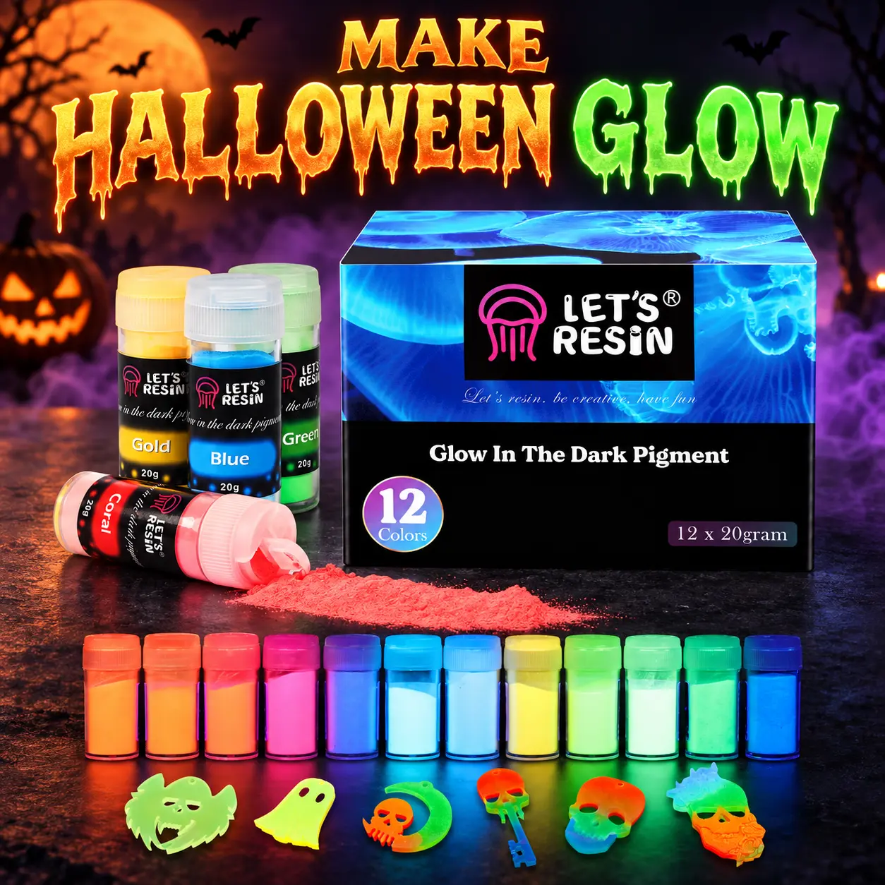 Halloween Glow Powder, 12 Colors Glow in the Dark Pigment Powder, 20g Each, Long-Lasting Luminous Dye for Epoxy Resin, UV Resin, DIY Halloween Crafts, Spooky Season Decor, Resin Charms, Jewelry Making, Slime, Nail Art, Party Favors