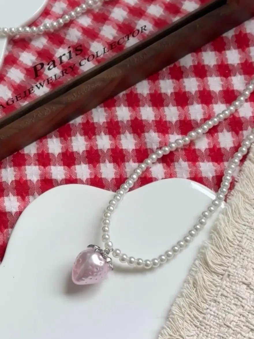NO.10-Dainty Pearl Strawberry Pendant Necklace, Coquette Aesthetic Freshwater Pearl for Women