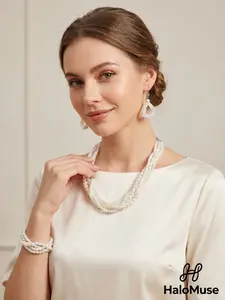 Multi-Strand Wrap Pearl Jewelry Set - Dainty Elegant 3-Piece Necklace Bracelet Earrings for Daily Commute & Date Nights, Soft Girl Aesthetic Accessorie