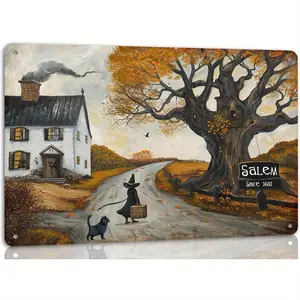 I2C witch & Autumn tree vintage metal tin sign-rustic farmhouse Halloween wall art, 8x12 inch, easy hang decor for home, office, or garage