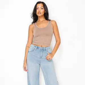 FREE JUNNS (010) | Acid Wash Mocha Ribbed Elastic Crop Tank Top