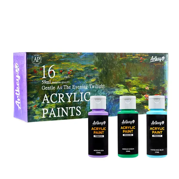 Artkey Acrylic Paint Set, 16 Colors 2 oz/59 ml Acrylic Paint Kit for Professional Artists & Beginners – Monet Inspired “Seeker of Radiant Light” Palette for Canvas, Wood, Fabric, Rock, Leather, Ceramic, Glass