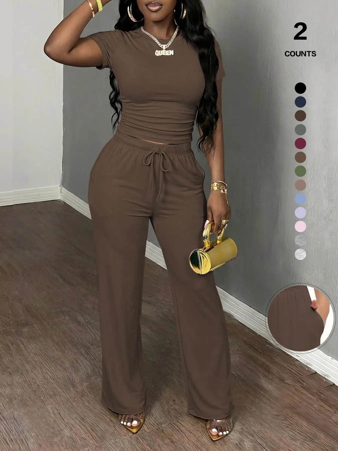 Women's Spring Summer Casual Set, Round Neck Short Sleeve Top & Wide Leg Pants, Slim Fit Home Wear, 2 Piece Comfortable, Casual Fashion Set Women's Spring Summer Casual Set, Round Neck Short Sleeve Top & Wide Leg Pants, Slim Fit Home Wear, 2 Piece Comfortable, Casual Fashion Set