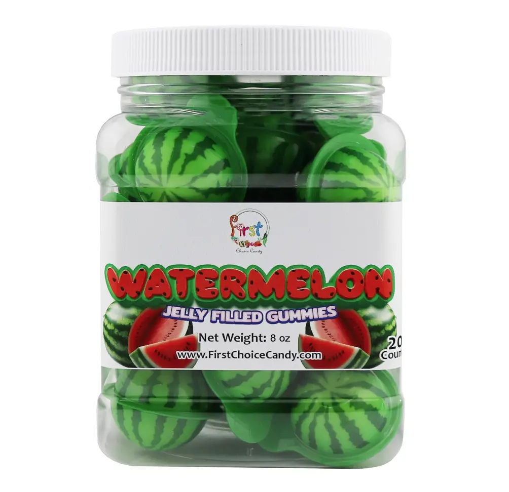 Chewy Watermelon Jelly-Filled Gummy Candies, Sweet Soft Assorted Fruit Jam-Filled Snacks, 20 Pieces in Resealable Jar, Strawberry-Infused Option