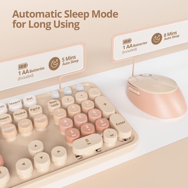 Wireless Keyboard and Mouse Combo, Cute Keyboard and Mouse, Full Size Typewriter Keyboard with Number Pad, Retro Round Keycaps, USB 2.4GHz Connection for Windows PC Laptop