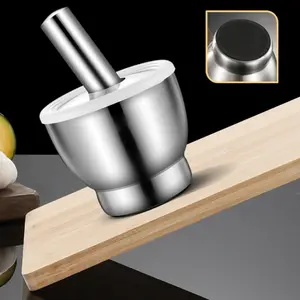 Thick Dual-Layer Stainless Steel Seasoning Bowl, Garlic Paste Grinder Mortar, Pestle Garlic Crusher, Kitchen Utensil