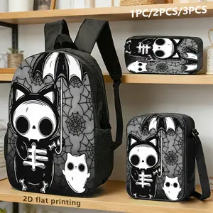 A Set of 3pcs Featuring a Dark Backpack, Shoulder Bag, And Storage Pouch with Skull Cats And Bats As Elements. It Uses a Black, White, And Gray Color Scheme with Spider Web Patterns, Showcasing a Cute Gothic Style