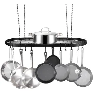 VEVOR 32 inch Black Carbon Steel Ceiling Mounted Pot Rack with 12 Hooks, 80 lbs Load Capacity, Ideal for Home, Restaurant, Kitchen Cookware and Utensils