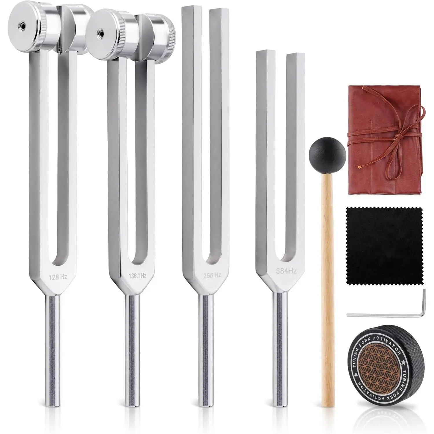 Healing Tuning Forks Complete Sound Therapy Kit - 128Hz,136.1Hz,256Hz,384Hz Weighted & Unweighted with Activator,Pouch - Sound Healing Instruments,Chakra Balancing,Stress Relief Home Gift Supplies