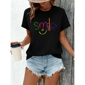 Vibrant smile letter graphic women’s T-shirt, special yellow smiley face detail for the letter i, lightweight summer short sleeve top, trendy everyday printed design, casual elegant style, soft daily womens outfit for all casual occasions