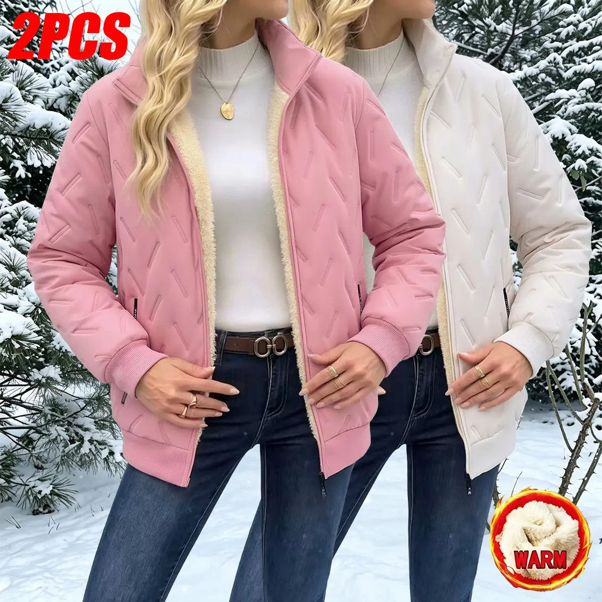 Women’s two-piece winter stand collar jacket – thickened lining zip-up outerwear with long sleeves and pockets, solid-color casual jacket suitable for autumn/winter, comfortable and warm, zippered pockets