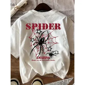 [100% Cotton] Spider Patterned T-shirt - "Spider Wonder" Design Tee for Women Men, Red Spider Webs and Black Spiders, Casual Round Neck Unisex Short Seeved Top