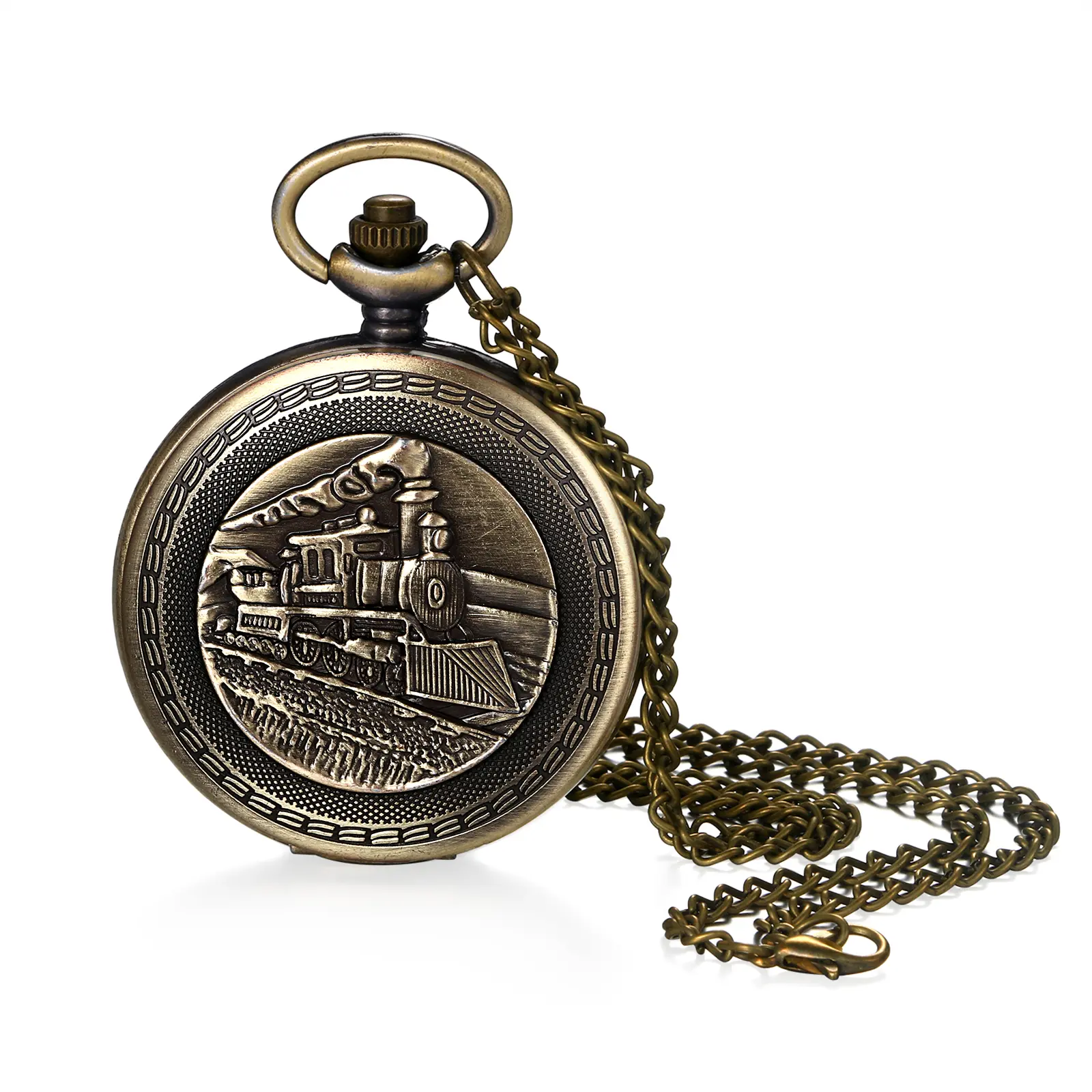 OIDEA Vintage Unisex Bronze Alloy Steampunk Train Quartz Analog Pocket Watch - Arabic Dials, Casual Hunter Style, Long Chain Necklace, Business Use, Includes Cells
