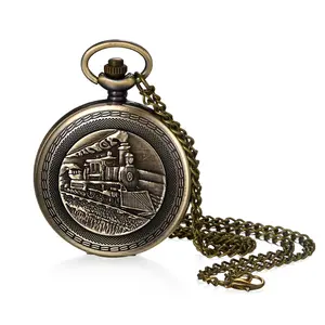 Pocket Watches for Men: Unisex Vintage Bronze Steampunk Train Quartz Analog Arabic Numerals Women Chain Necklace Hunter Watch