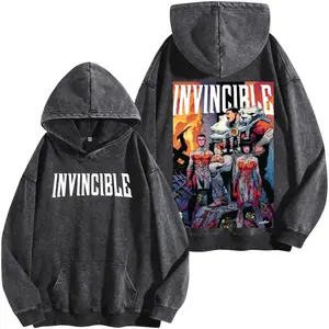 Streetwear Invincible Washed Hoodie - Multiverse War Comic Double Printed Oversize Lightweight Acid Washed Tee TV Series Graphic Cotton Tee