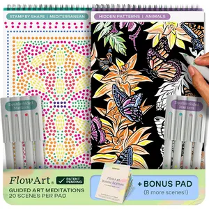 Lifelines FlowArt Activity Pads, 2-Pack with 8 Double-Sided Markers, 40 Scenes & Bonus Pad - Guided Dot Art Meditations - Stamp-by-Shape & Hidden Patterns Coloring Books for Tweens, Adults & Seniors