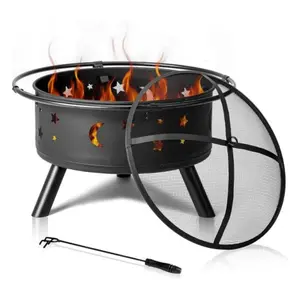 Patio Outdoor Metal Fire Pit Bowl with Spark Screen Poker, Wood Burning Firepit for Camping, Backyard, Heating, Fire Cooking (Moon Stars 30 Inch Round Ring)