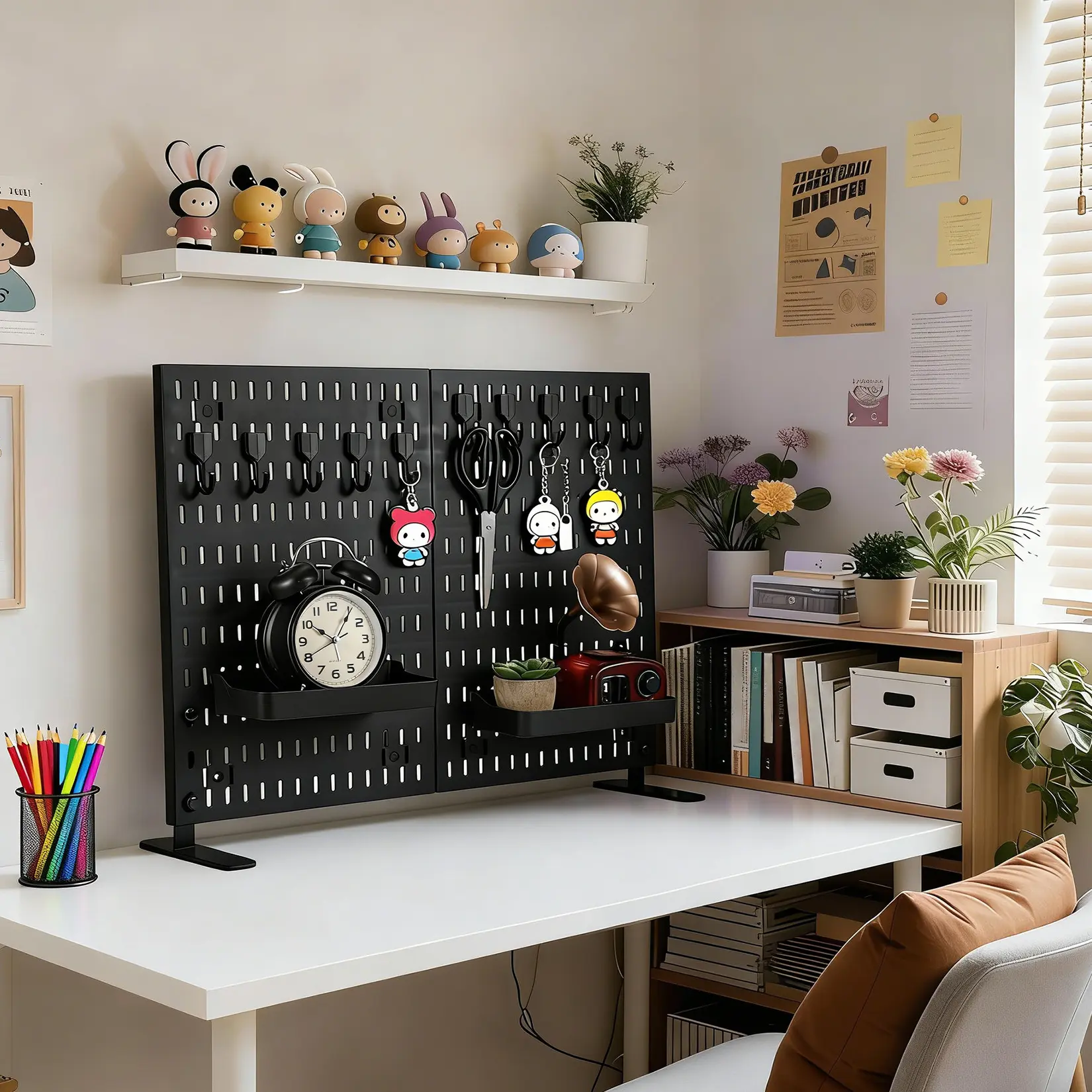 Garvee Freestanding Tabletop Pegboard Display Rack - 15.7x23.6 in Durable Rust-Resistant Plastic Craft Organizer, Display Shelf, 10 Hooks Ready, 2 Trays, Flat Base, Toolless No Drilling, Portable Office Furniture for Home Use (Black)