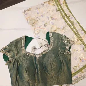 Milky White and Green Brasso Saree with Crush Maggam work blouse
