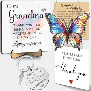 Grandma Birthday Gifts – Wooden Appreciation Plaque, Butterfly Suncatcher Ornament, Keychain, Card – Grandma Gift Set from Granddaughter Grandson, Mothers Day Birthday Gifts for Grandmas FF830