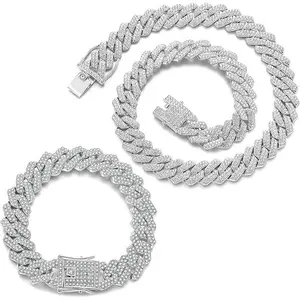 2 Piece Cuban Link Set Necklace & Bracelet for Men Women Iced Out Bling Hip Hop Jewelry Heavy Strong Chain Diamond Cut Miami Cuban Hypoallergenic Alloy Unisex Style