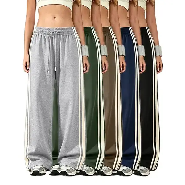 Spring/Summer women’s high-waisted three-stripe wide-leg sweatpants made from soft knit fabric—drapes well, elongates legs, versatile floor-length joggers Womenswear Army Athletic Bottom Cropped Drawstring Elastic Everyday Navy Pockets