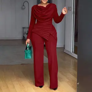 Women's Cowl Neck Asymmetrical Jumpsuit - Patchwork Ruched Cinched Waist |   Zipper Back Straight Leg