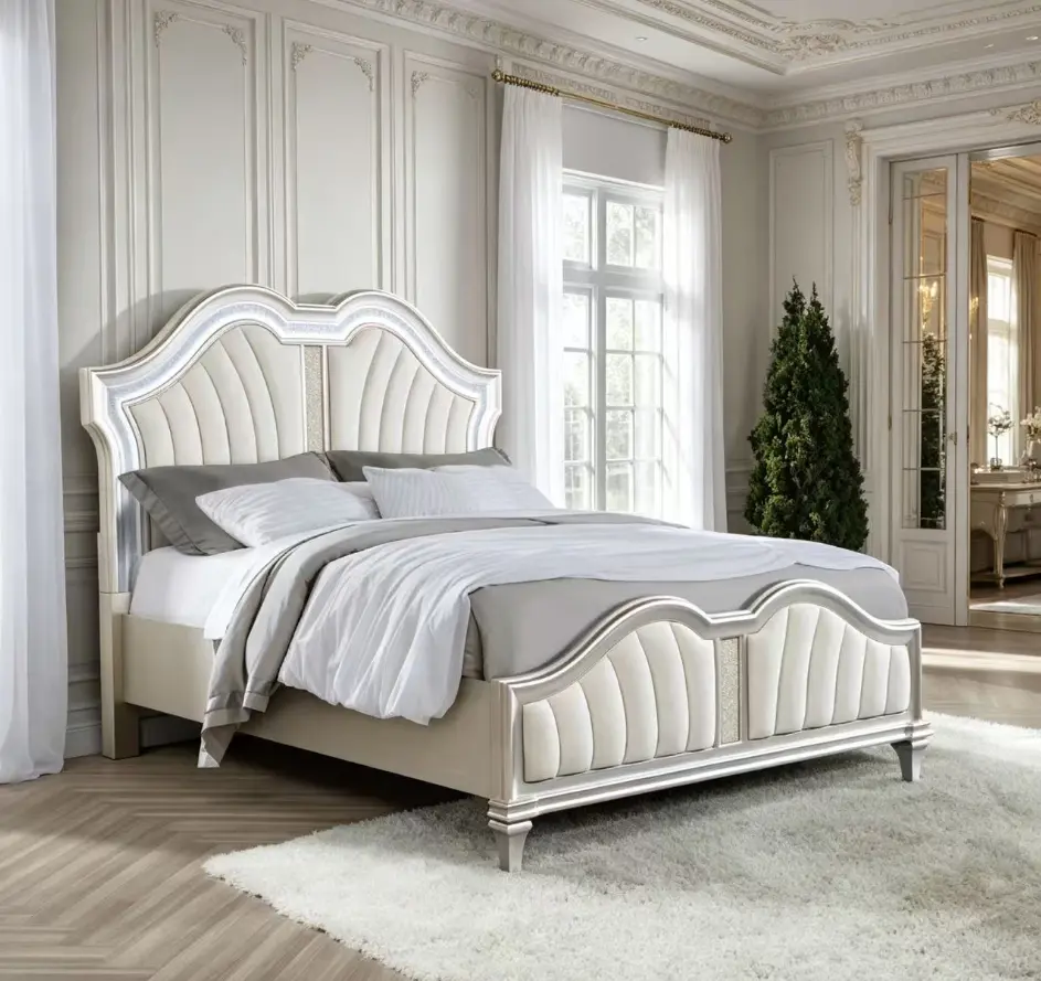 Queen Size Modern Luxurious Silver Champagne Veneer Bed Frame - Solid Wood Build, Curved Plush Design, LED Lights, Luxurious Touches, Refined & Elegant Look, 88.25x69.75x64.25 in, 223.75 lbs, Assembly Required Indoor Furniture Headboard
