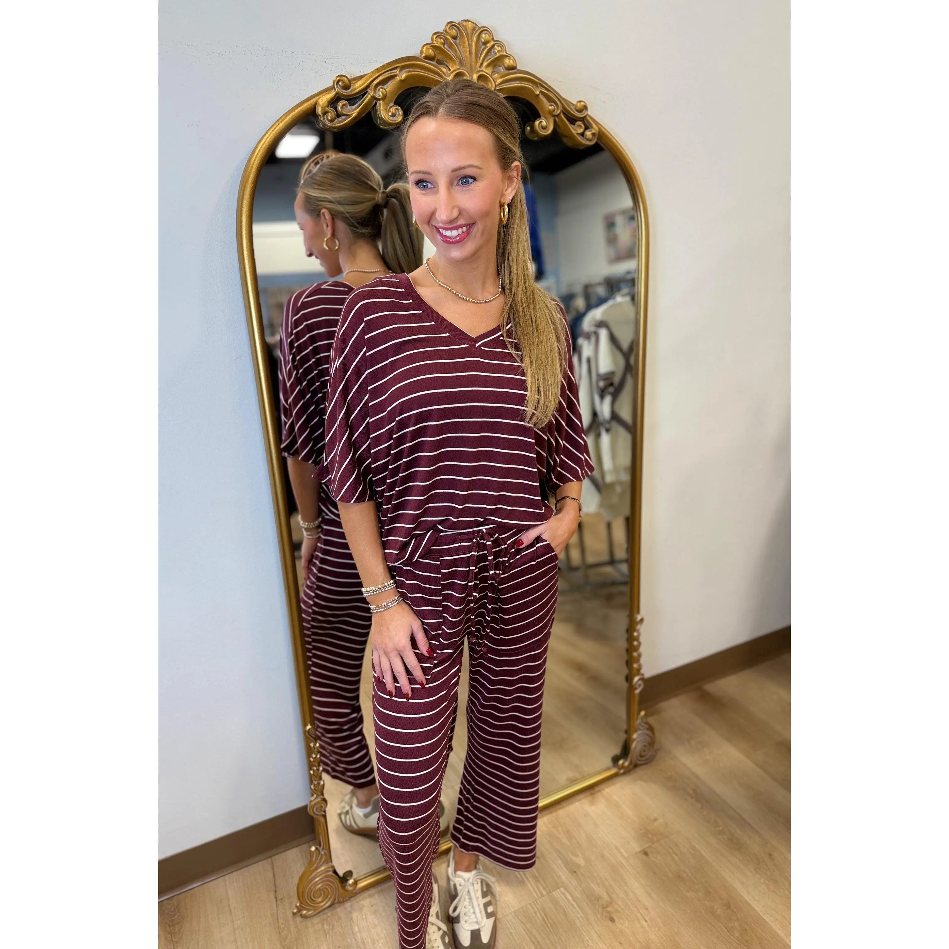 Softies Capri V Neck Lounge Set Cherry Stripe