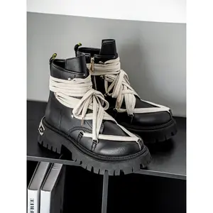 Function Style Boots Thick Sole Punk Short Boot Crazy Tie Motorcycle Boot Leather Thick Bottom Boot Ankle Boot