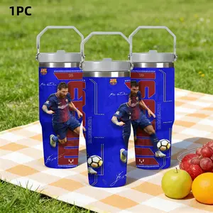 1pc 30oz Stainless Steel Insulated Water Bottle - A must-have for football fans! Featuring Messi's Barcelona number 10 red and blue color scheme. Large capacity with handle and straw. Suitable for outdoor, sports, and indoor use. Drinkware