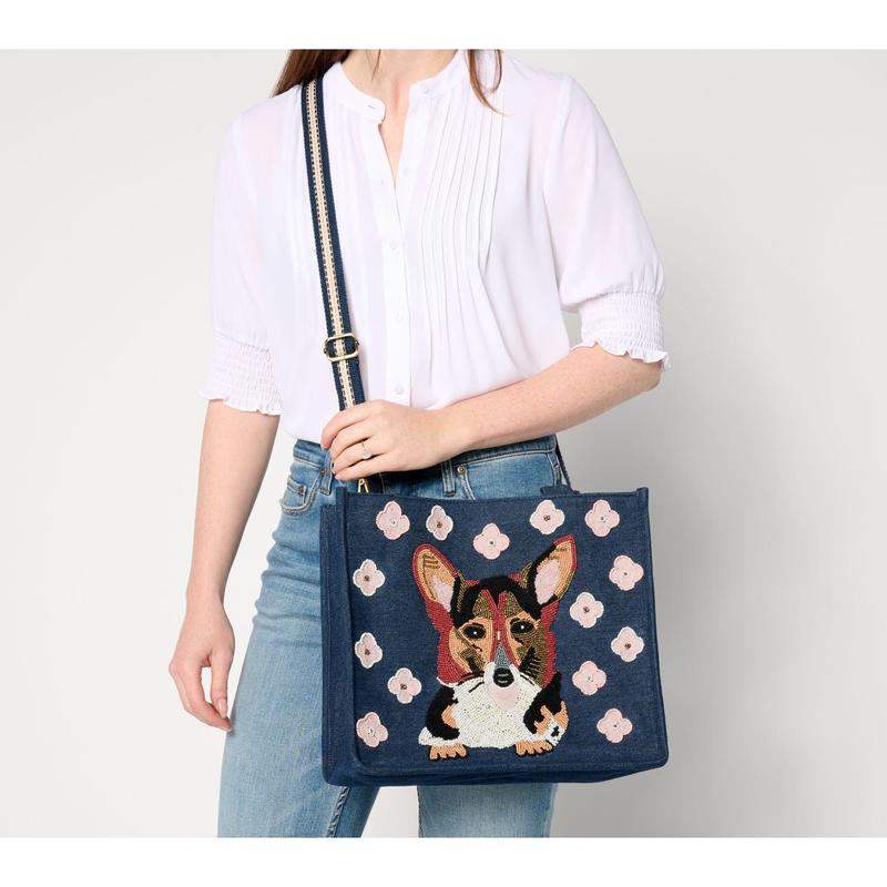 America & Beyond Beaded Denim Critter Shopper